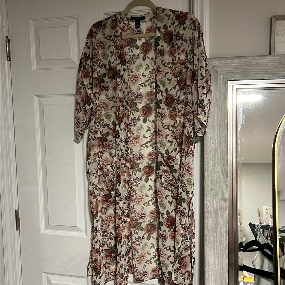 Forever 21 Floral Print Kimono - Cream and Brown
